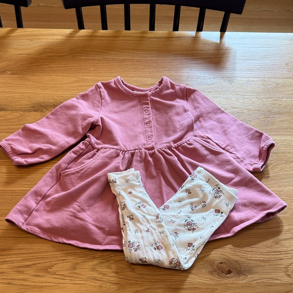 Angel Dear Pink Dress and Cream Floral Leggings Set